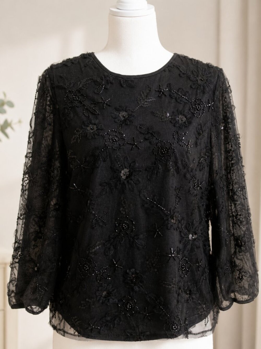 Adrianna Papell Black Beaded Mesh Blouse – Size M NWT - Picture 2 of 5